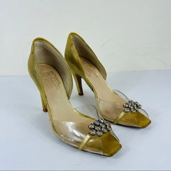 PEDRO GARCIA Retro Gold Metallic Jewel Glitter Peep Toe D'Orsay Heels Shoes 7.5 - Picture 9 of 16